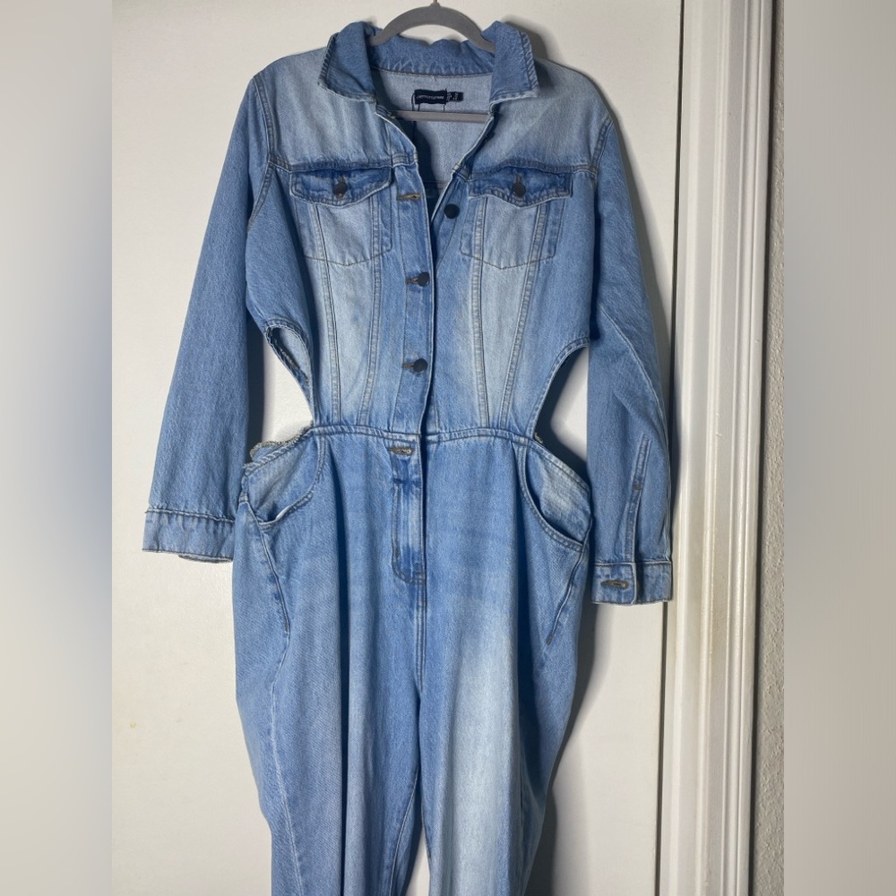 Prettylittlething cut out distressed demin jumpsuit